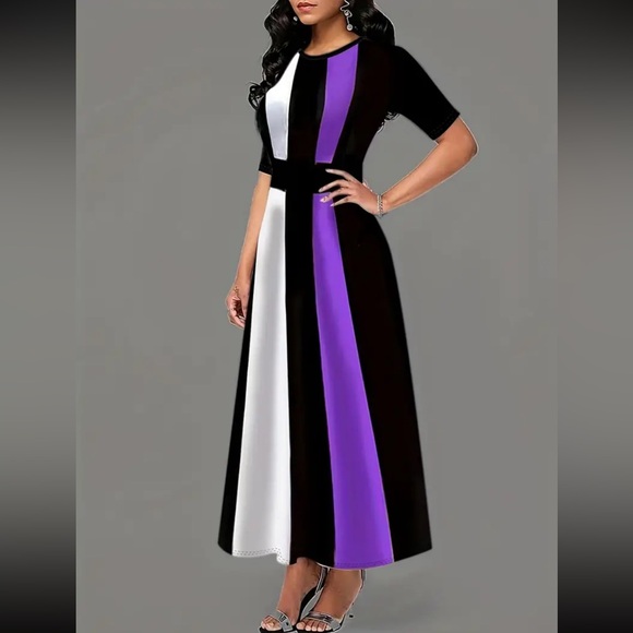 Color Block Crew Neck Maxi Dress, Short Sleeve - Picture 2 of 6